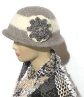 THE BELLA HAT, handmade women's  felted hat, Boho-chic style, light grey and cream hat, ready to ship