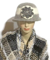 THE BELLA HAT, handmade women's  felted hat, Boho-chic style, light grey and cream hat, ready to ship