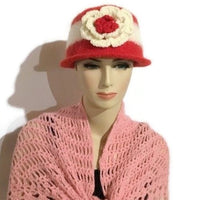 Ready to ship, womens wool hat, felted hat for women, The Andrea's hat, cloche hat, women size, red and cream hat,