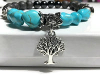 THE TURQUOISE TREE OF LIFE DIFFUSER BRACELET, turquoise and black bright agate stones, essential oil diffuser bracelet, stretch bracelet, woman's size