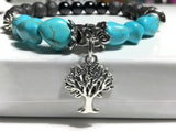 THE TURQUOISE TREE OF LIFE DIFFUSER BRACELET, turquoise and black bright agate stones, essential oil diffuser bracelet, stretch bracelet, woman's size