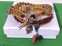 THE ASTER FLOWER DIFFUSER YELLOW LEATHER  WRAP BRACELET, macrame, double wrap crystal beads bracelet, 5 charms, woman's size, Boho-chic style.