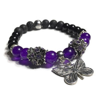 THE PURPLE BUTTERFLY DIFFUSER BRACELET, handmade stretch cord bracelet, black lava rocks with amethyst, black obsidian natural stones , essential oil diffuser bracelet.