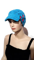 Newsboy crochet hat, handmade hat with a bill, embellished hat with buttons, cotton yarn, The royal blue hat