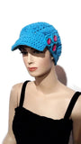 Newsboy crochet hat, handmade hat with a bill, embellished hat with buttons, cotton yarn, The royal blue hat