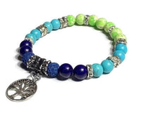 THE TREE OF LIFE DIFFUSER BRACELET, blue lava rock beads with turquoise, green, blue stones essential oil diffuser handmade bracelet, stretch bracelet, woman's size, for her