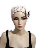 Handmade crochet headband, cotton beige headband, crochet flower with beads in center, The good morning headband
