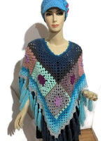 NOT YOUR GRANNY'S PONCHO, granny squares, crochet poncho, blue acrylic yarn, Andrea designs handmade ponchos