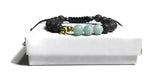 THE GOLDEN ELEPHANT DIFFUSER BRACELET, black lava rocks with green amazonite stones, macramê clasp, memory wire, woman's size, essential oil diffuser,