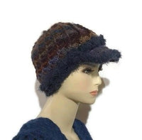 Rust gold, brown, purple, blue hat, THE BLUE ANDES CROCHET HAT, handmade beanie with visor brim, acrylic yarn, woman size, ready to ship