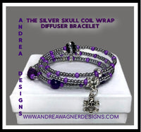 THE SILVER SKULL COIL WRAP DIFFUSER BRACELET, beaded wrap, amethyst stone, purple lava rock, woman's size