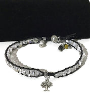 THE TREE OF LIVE DIFFUSER BLACK LEATHER WRAP BRACELET, beaded macrame bracelet, double wrap crystal beads bracelet, 4 charms, woman's size, boho-chic style