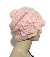 The Pink slouchy Hat, knit  beanie, pink alpaca, faux fur, woman's size, winter hat