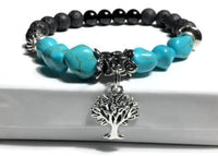 THE TURQUOISE TREE OF LIFE DIFFUSER BRACELET, turquoise and black bright agate stones, essential oil diffuser bracelet, stretch bracelet, woman's size