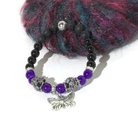 THE PURPLE BUTTERFLY DIFFUSER BRACELET, handmade stretch cord bracelet, black lava rocks with amethyst, black obsidian natural stones , essential oil diffuser bracelet.