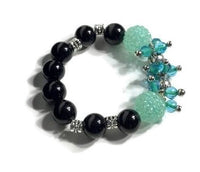 The green and black cluster stretch bracelet, holiday gift, for her, give handmade, woman's size.