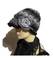 Gray, black, crochet hat, THE BLACK AND GRAY MOCKINGBIRD HAT, handmade beanie with visor brim, woman's size, ready to ship