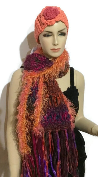 Knit scarf, fiber art scarf, handmade scarf, fine acrylic yarn, The apple garden scarf