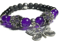 THE PURPLE BUTTERFLY DIFFUSER BRACELET, handmade stretch cord bracelet, black lava rocks with amethyst, black obsidian natural stones , essential oil diffuser bracelet.