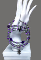 THE SILVER SKULL COIL WRAP DIFFUSER BRACELET, beaded wrap, amethyst stone, purple lava rock, woman's size