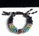 The multicolor flowers of the garden bracelet, handmade kumihimo wrislet, woman size, yellow,green,blue,pink,iris mix beads, macrame clasp,
