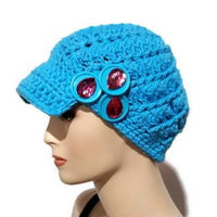 Newsboy crochet hat, handmade hat with a bill, embellished hat with buttons, cotton yarn, The royal blue hat
