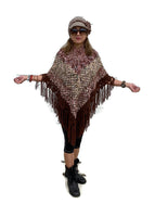 MY GARDEN IN THE FALL PONCHO, crochet poncho with a collar, alpaca, merino, silk fiber, brown, plum, green, beige, woman's size,