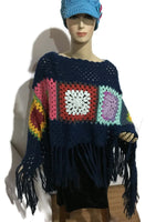 THE BLUE ATLANTIC ALPACA PONCHO, crochet poncho, granny's squares, blue alpaca yarn, hippie poncho, Andrea designs handmade ponchos