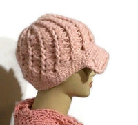 The pink crochet hat, pink alpaca yarn, beanie with bill, newsboy hat, woman size, cold weather, Andrea designs handmade hats,