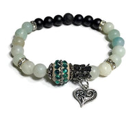 THE GREEN HEART DIFFUSER BRACELET, black lava rock bead with black matte agate and amazonite stones, stretch bracelet, woman's size, boho-chic style