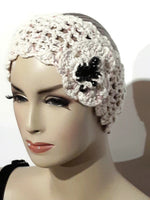 Handmade crochet headband, cotton beige headband, crochet flower with beads in center, The good morning headband