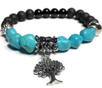 THE TURQUOISE TREE OF LIFE DIFFUSER BRACELET, turquoise and black bright agate stones, essential oil diffuser bracelet, stretch bracelet, woman's size