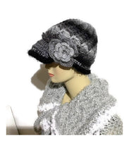 Gray, black, crochet hat, THE BLACK AND GRAY MOCKINGBIRD HAT, handmade beanie with visor brim, woman's size, ready to ship