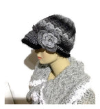 Gray, black, crochet hat, THE BLACK AND GRAY MOCKINGBIRD HAT, handmade beanie with visor brim, woman's size, ready to ship