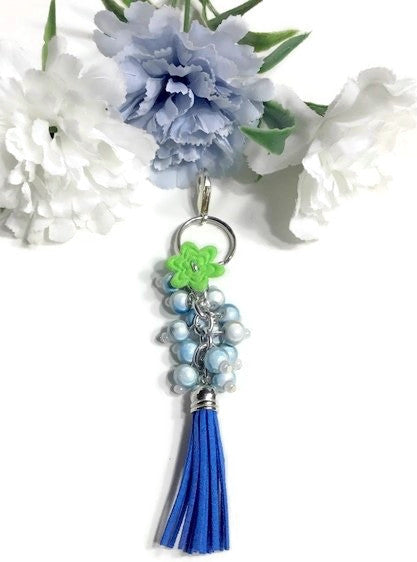 Handmade Blue Beaded Bag Charm Key Chain With Flower Charm