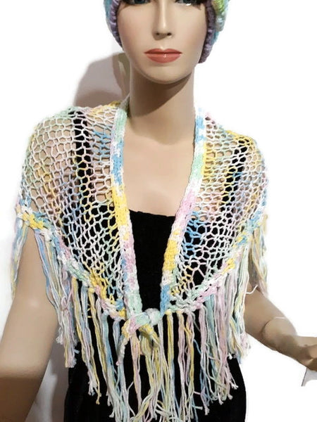 Hand knit shawl, cotton shawl, variegated colors, The rainbow shawl