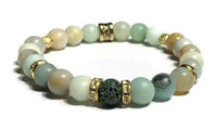 THE GREEN AMAZON RIVER DIFFUSER BRACELET, green lava rock bead with amazonite stones, stretch bracelet, woman's size, boho-chic style, gift for her