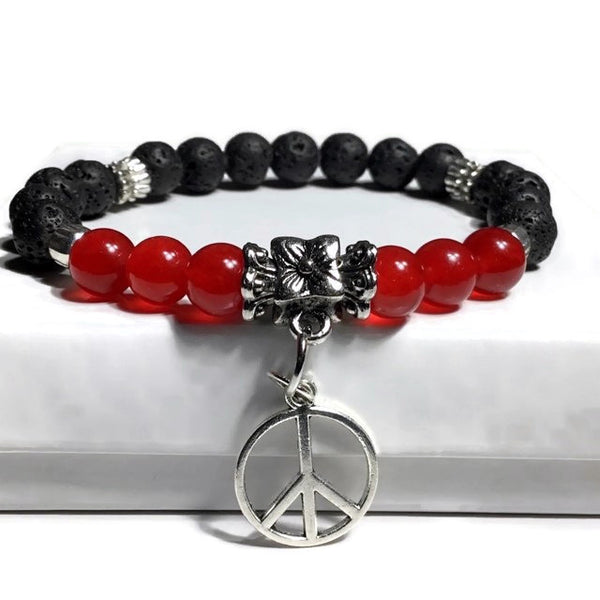 THE PEACE SIGN CHARM DIFFUSER BRACELET, black lava rock with red agate stones, essential oil diffuser, woman's size, Boho-chic style, Valentine's day gift,