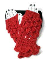 THE RED FINGERLESS GLOVES,  handmade crochet wear, crocodile stitch, winter wear, fingerless mittens