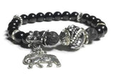 THE SILVER ELEPHANT DIFFUSER BRACELET, handmade stretch bracelet, black lava rock with black bright agate natural stones, essential oil diffuser bracelet, gift for her, woman's size