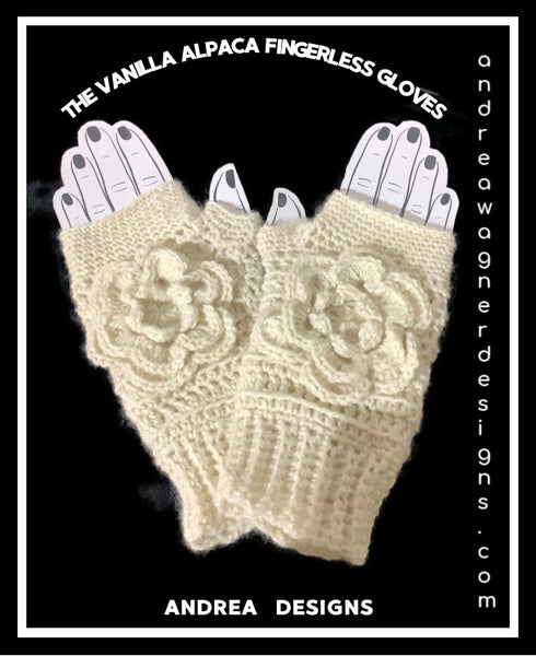 THE VANILLA  FINGERLESS GLOVES, handmade crochet fingerless mittens, luxurious alpaca yarn, woman's size 8.5,