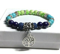 THE TREE OF LIFE DIFFUSER BRACELET, blue lava rock beads with turquoise, green, blue stones essential oil diffuser handmade bracelet, stretch bracelet, woman's size, for her