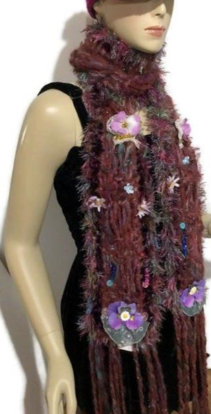 Fiber art, knit scarf, woman's size, alpaca fiber, rust-brown-hollyberry color, THE ROMANCE SCARF,