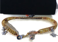 THE ASTER FLOWER DIFFUSER YELLOW LEATHER  WRAP BRACELET, macrame, double wrap crystal beads bracelet, 5 charms, woman's size, Boho-chic style.