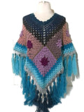 NOT YOUR GRANNY'S PONCHO, granny squares, crochet poncho, blue acrylic yarn, Andrea designs handmade ponchos