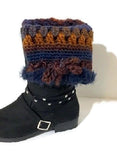 The Blue Andes leg warmers, rust gold, brown, purple, blue pair leg-warmers, crochet, woman size,  cold weather, holiday gift,