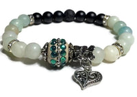 THE GREEN HEART DIFFUSER BRACELET, black lava rock bead with black matte agate and amazonite stones, stretch bracelet, woman's size, boho-chic style