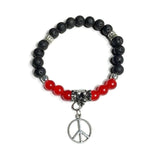 THE PEACE SIGN CHARM DIFFUSER BRACELET, black lava rock with red agate stones, essential oil diffuser, woman's size, Boho-chic style, Valentine's day gift,