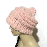 The Pink slouchy Hat, knit  beanie, pink alpaca, faux fur, woman's size, winter hat