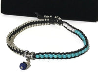 Double wrap black leather bracelet, Macrame wrap, choker, Boho-chic, oil diffuser pendant, turquoise stones, woman's size, THE TURQUOISE BRACELET WRAP